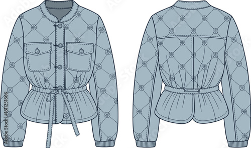 Quilted Jacket CAD Design, Waist Belted Outerwear with Patch Pockets, Long Sleeve Fashion Sketch, Button Up Vector Technical Illustration