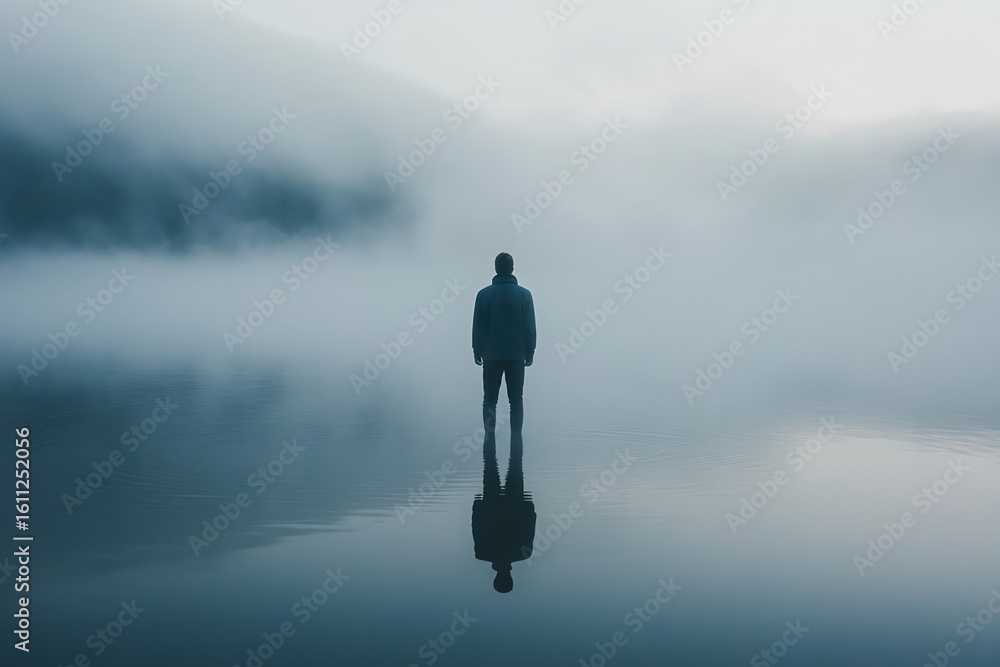 Lone man reflects in misty tranquil lake Lone man reflects in misty tranquil lake