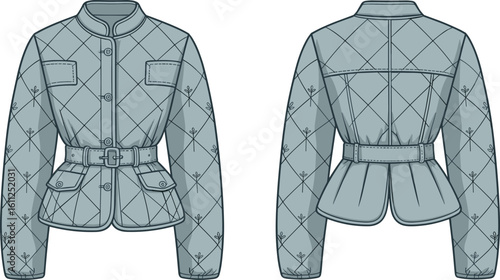 Quilted women’s jacket with belt, long sleeves, button closure, mandarin collar, elegant casual outerwear, stylish design, warm, modern, detailed stitching, cad drawing flat vector illustration