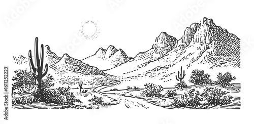 An illustrative desert scene showcases mountains, cacti, and a winding road.