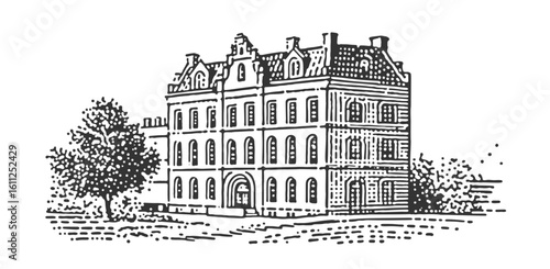 A detailed black and white illustration of an old European building with a tree.
