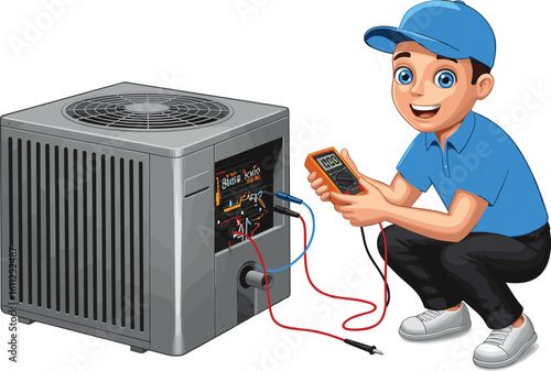 Cartoon HVAC technician testing outdoor air conditioning unit with multimeter, checking voltage, performing maintenance, repair, electrical inspection, vector illustration