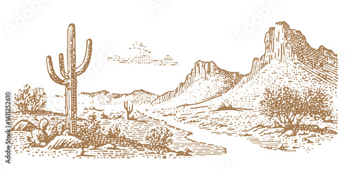 A detailed black and white drawing captures a desert scene with towering mountains and a majestic cactus.
