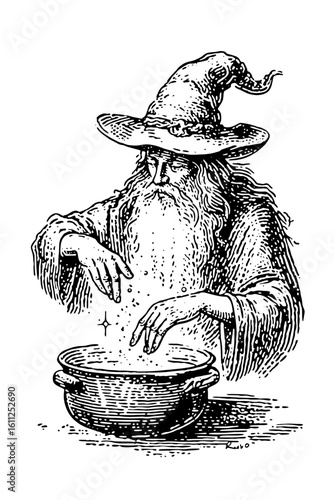 A vintage illustration depicts a wizard casting a magic spell into a cauldron.