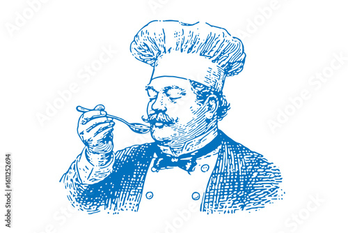 The illustration shows a chef tasting his soup, a timeless representation of culinary art and the joy of cooking.