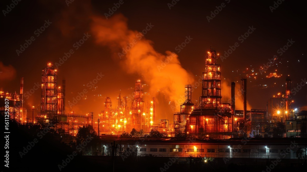 Fototapeta premium Nighttime View of a Glass Bottle Manufacturing Factory Process