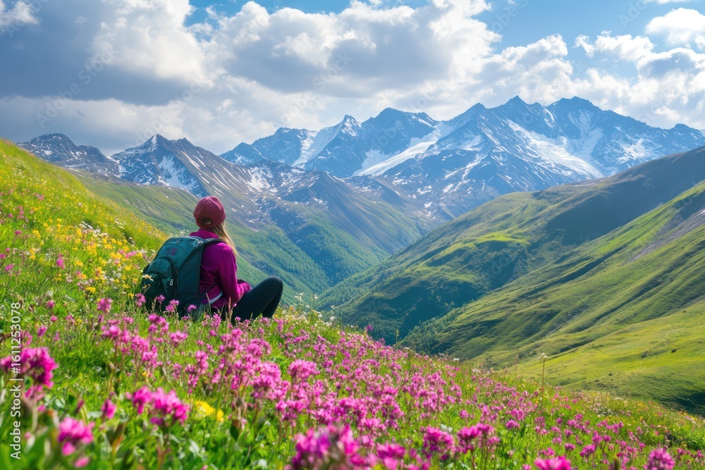 Naklejka premium Traveler relaxes in mountain wildflower meadow