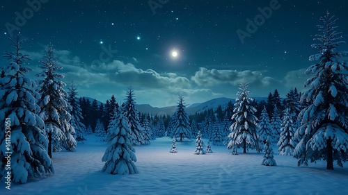 Enchanting winter wonderland scene with snow covered pine trees under a starry night sky and glowing full moon