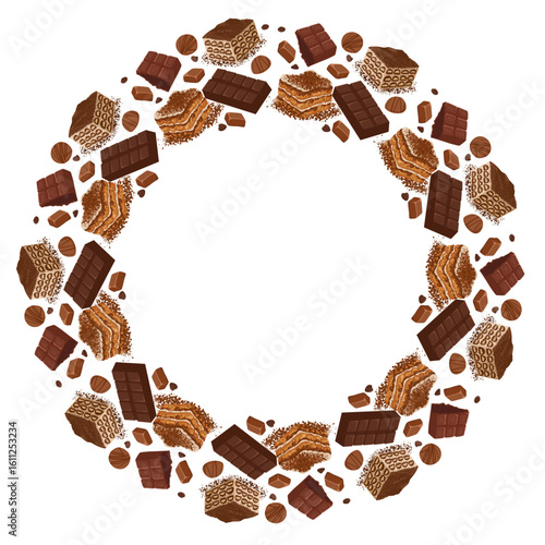 Round wreath with chocolate, tiramisu and layered cakes. Vector hand drawn dessert illustration. Perfect for bakery packaging, menu design, cafe branding and confectionery projects
