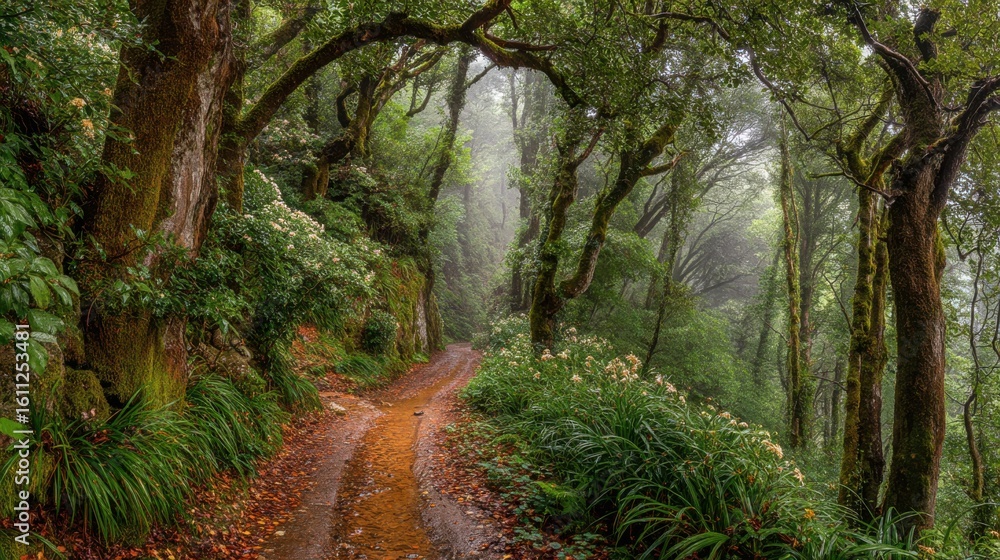 Naklejka premium Serene nature trail amidst lush greenery enchanted forest path tranquil environment scenic viewpoint natural beauty
