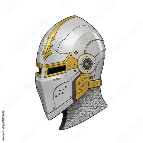 A detailed illustration of a futuristic knight's helmet with silver plating and gold accents showcasing intricate design.