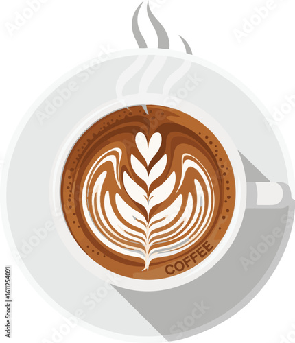 Top View of Steaming Coffee Cup with Latte Art and 'COFFEE' Text, Flat Design Vector Illustration on Saucer