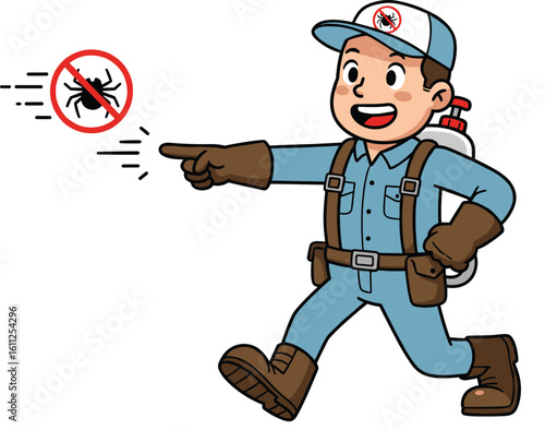 Cartoon pest control worker in uniform with sprayer, smiling exterminator man targeting bugs, insect removal service vector illustration character design