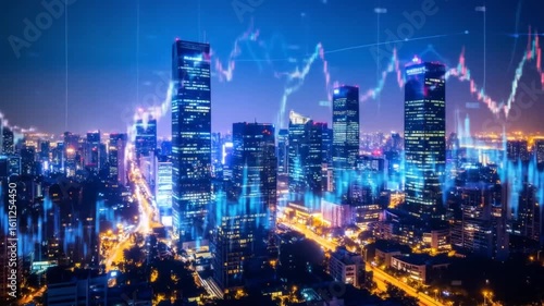 Wallpaper Mural Dynamic Cityscape with Financial Data Overlay at Night Torontodigital.ca