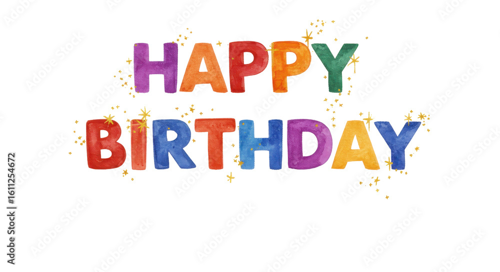 Fototapeta premium Celebrate with vibrant watercolor 'Happy Birthday' text and sparkling gold confetti for festive greetings