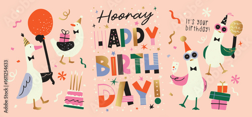 Happy Birthday background with cartoon character party ducks and typography design.
