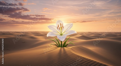 White lily in desert sunset landscape