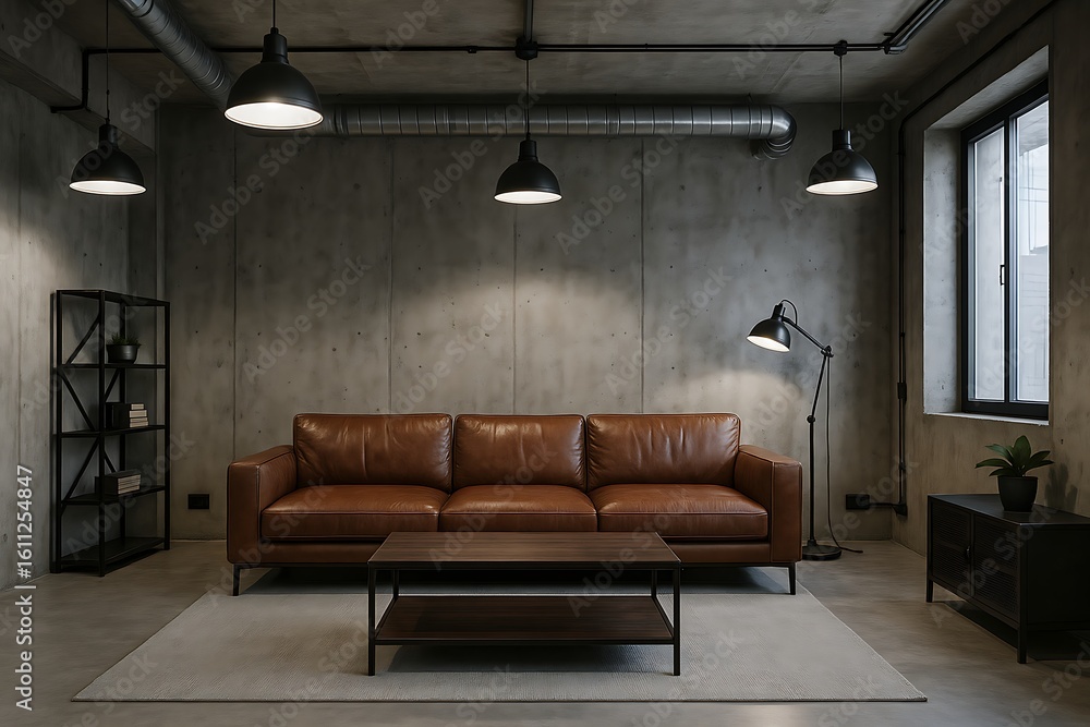 Modern industrial living room with leather sofa and minimalist decor showcases urban design aesthetic Modern industrial living room with leather sofa and minimalist decor showcases urban design aesthetic