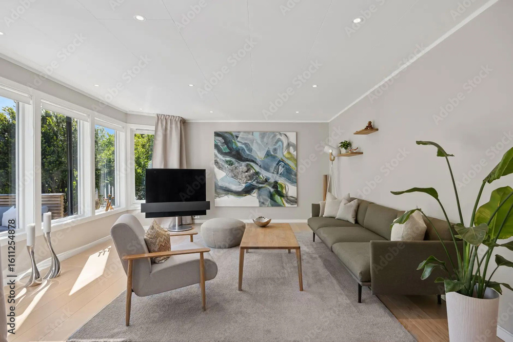 Fototapeta premium Modern luxury apartment interior in minimal scandinavian style, 3d rendering