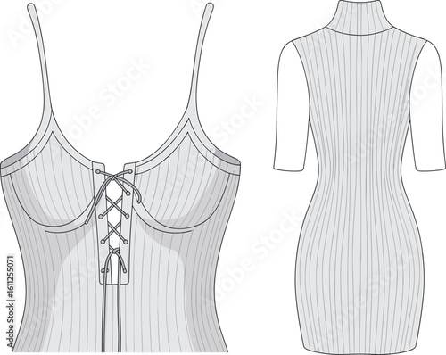 Ribbed knit lace-up bustier and short sleeve bodycon dress technical flat sketch, CAD drawing flat vector illustration, women fashion