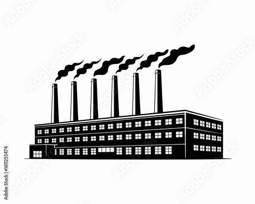 Industrial factory silhouette with smoke stacks against white background representing manufacturing and pollution issues with environmental impact concern