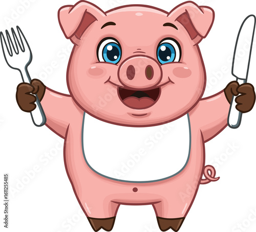 Cute cartoon pig holding fork and knife, smiling with bib on, ready to eat, food mascot, vector illustration for design