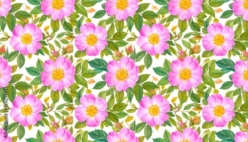 Wallpaper Mural Watercolor seamless pattern with pink dog rose flowers, buds and green leaves Torontodigital.ca