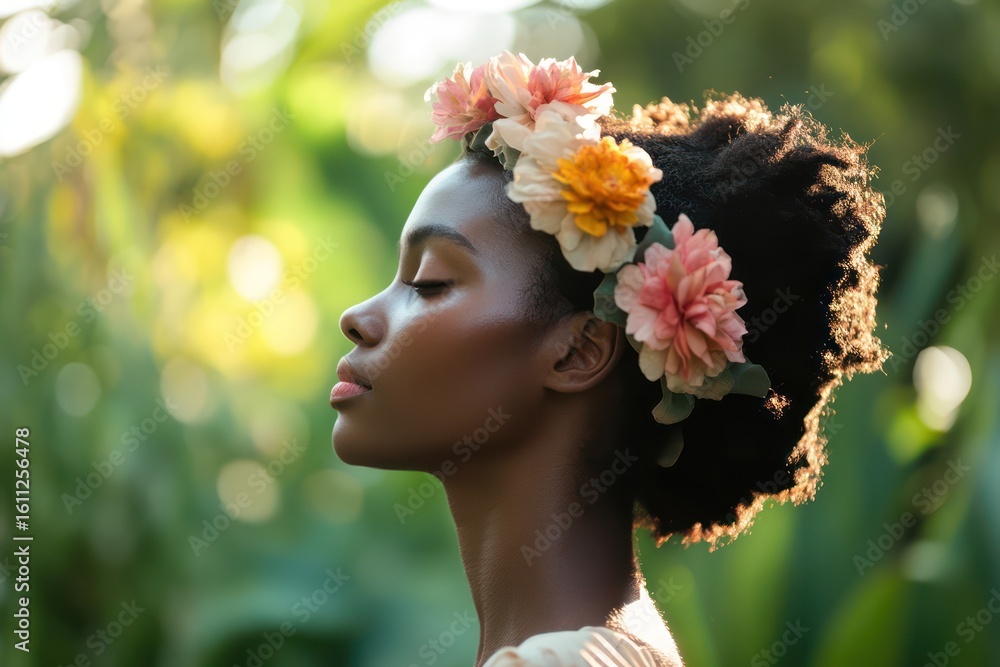 Obraz premium Peaceful Woman in Garden Wearing Floral Crown