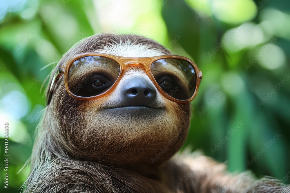 Naklejka premium Funny Sloth Wearing Sunglasses in Jungle Scene