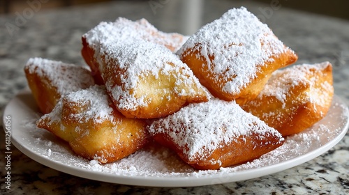 Freshly fried beignets covered in powdered sugar on a white plate