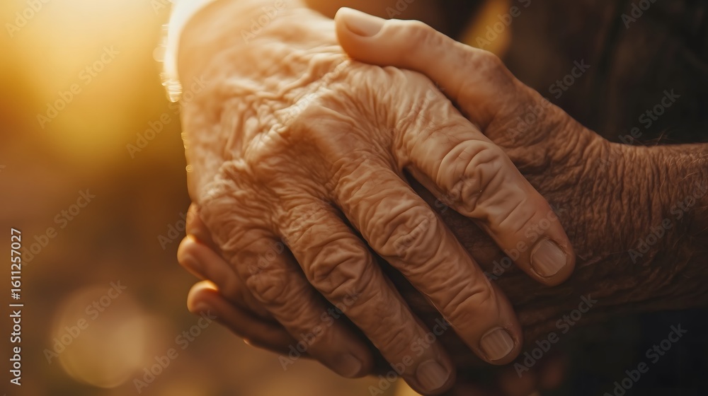 Fototapeta premium Intimate moment of elderly wrinkled hands clasped together in warm golden sunlight showing age wisdom and human connection