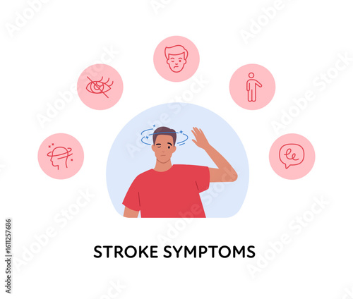 Brain neural disease for healthcare infographic. Vector flat illustration. Man with symptoms of stroke for ui, web, poster. Design for health care