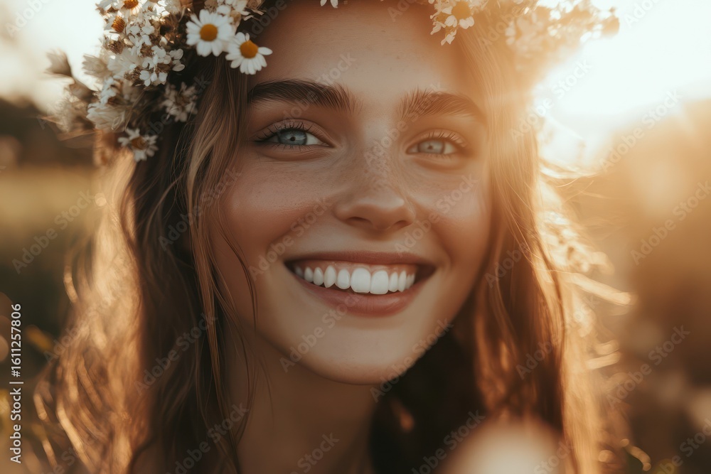 Fototapeta premium Woman in Floral Crown Basking in Golden Sunlight