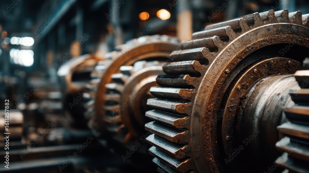 Massive Machinery Gears Turning in Steel Factory Setting Massive Machinery Gears Turning in Steel Factory Setting