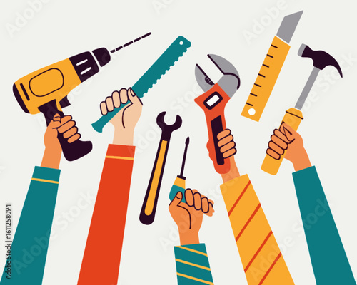 Hands Holding Various Construction Tools Vector Illustration