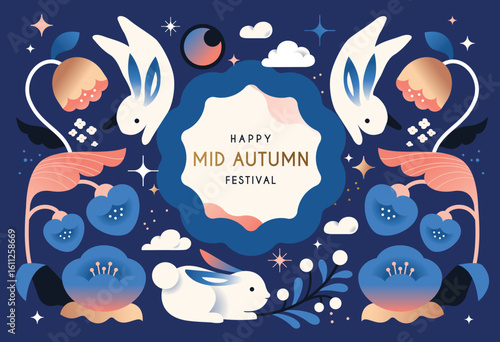Happy Mid Autumn Festival with cute rabbit on the background of the starry sky. Chinese translation: Mid-Autumn Festival
