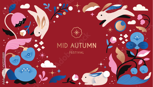 Happy Mid Autumn Festival with cute rabbit on the background of the starry sky. Chinese translation: Mid-Autumn Festival

