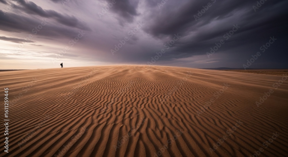 Naklejka premium Solitary Figure on Windswept Desert Dunes under Dramatic Sky Landscape Photography