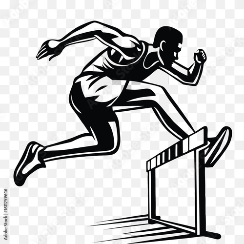 Dynamic Black and White Illustration of a Hurdler Mid Jump over a Hurdle on a Transparent Background