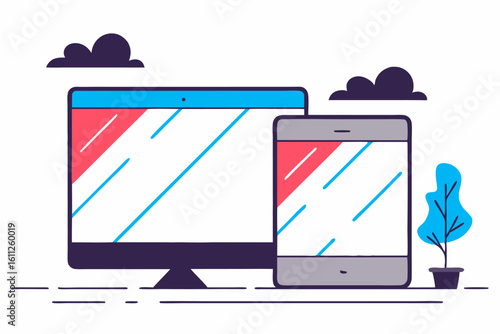 Nowoczesna ilustracja komputera i tabletu. Koncepcja responywnego designu, idealna jako mockup do prezentacji strony internetowej lub aplikacji.