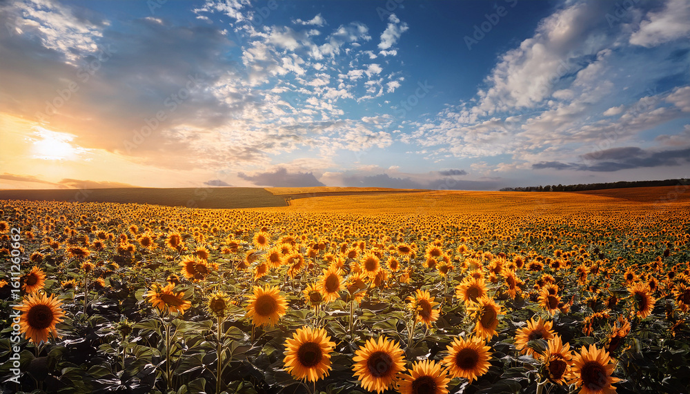 Obraz premium minimalist interpretation of a lush sunflower landscape with a scenic sky
