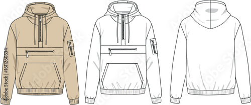 CAD drawing flat vector illustration of hoodie design, front and back views, zipper detail, pocket styling, technical fashion sketch, garment template, stylish outerwear layout