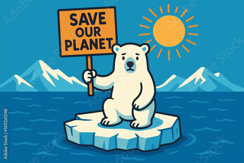 Polar bear holding a sign saying "Save Our Planet" on a melting ice floe in the ocean