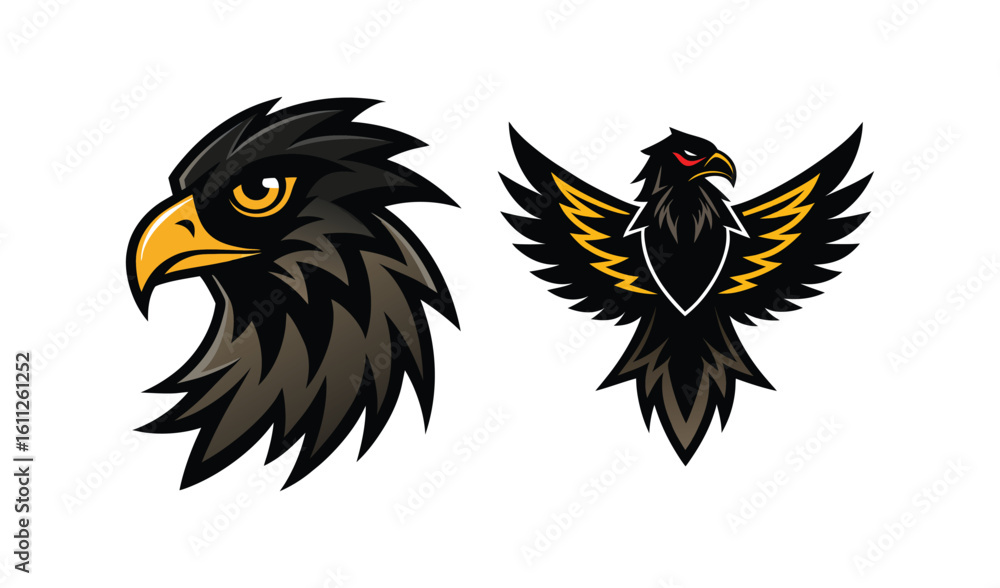 Obraz premium Illustration of a fierce black eagle head and a stylized eagle in flight