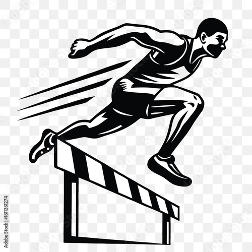 Dynamic Black and White Illustration of a Hurdler Mid Jump over a Hurdle on a Transparent Background