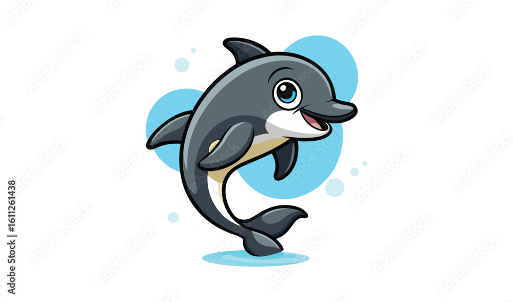 Obraz premium Cute cartoon dolphin jumping and smiling in blue water