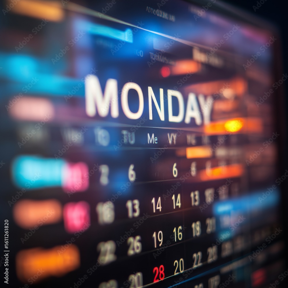 Obraz premium Blurry Digital Calendar Display with Date and Day Focused