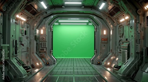 Spaceship corridor green screen background for video editing and visual effects use