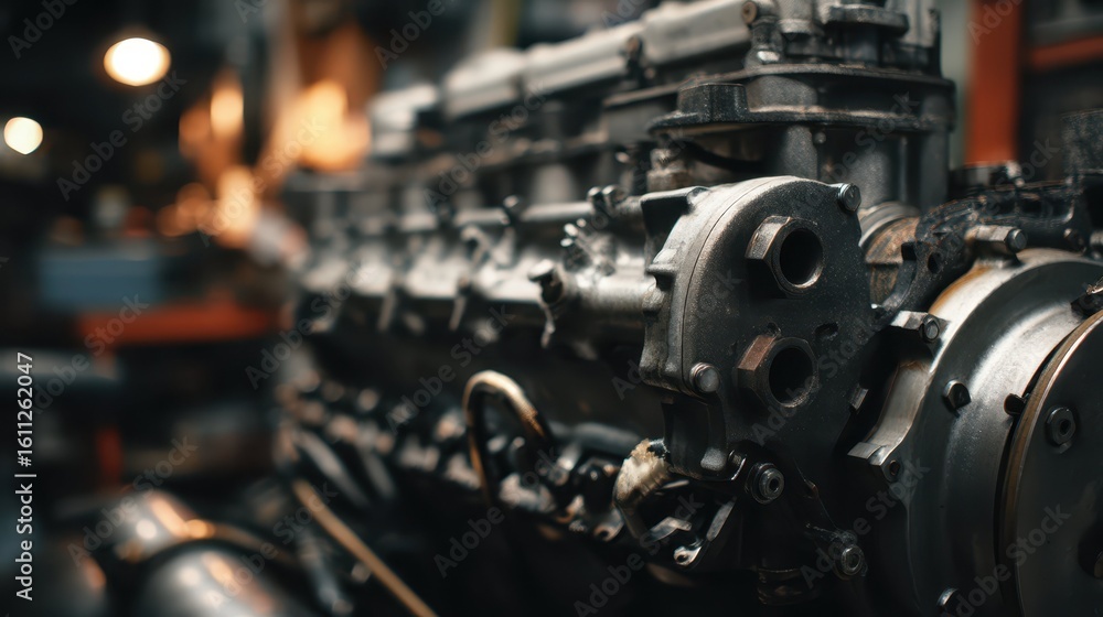 Fototapeta premium Powerful Diesel Engine in Mechanics Workshop Setting