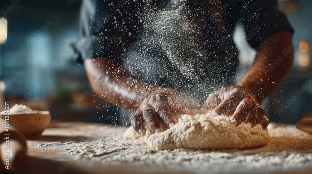 Fototapeta premium Professional Baker Sprinkling Flour on Fresh Dough for Baking